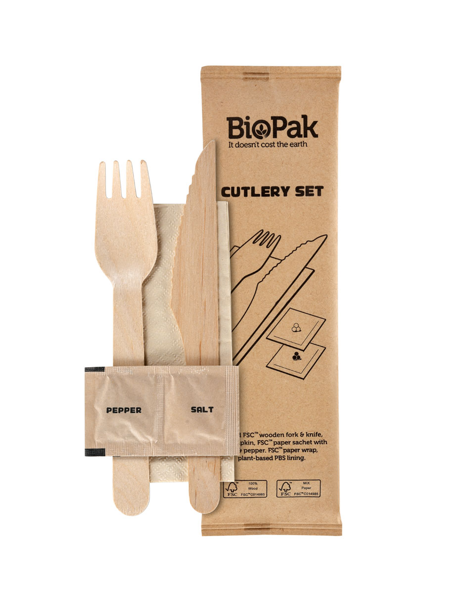 Besteck-Set 16/16,5 cm Natur, Birkenholz, inkl. Salz-/Pfeffer-Sachet und Serviette