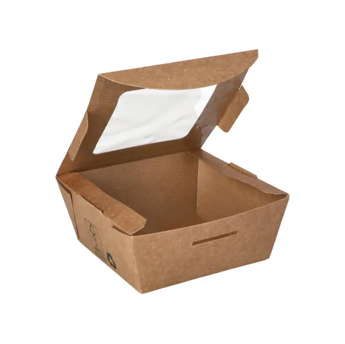 Feinkostbox 350 ml · 110×110×45 mm · Braun · Karton/PLA-Fenster