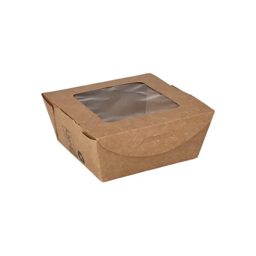 Feinkostbox 350 ml · 110×110×45 mm · Braun · Karton/PLA-Fenster