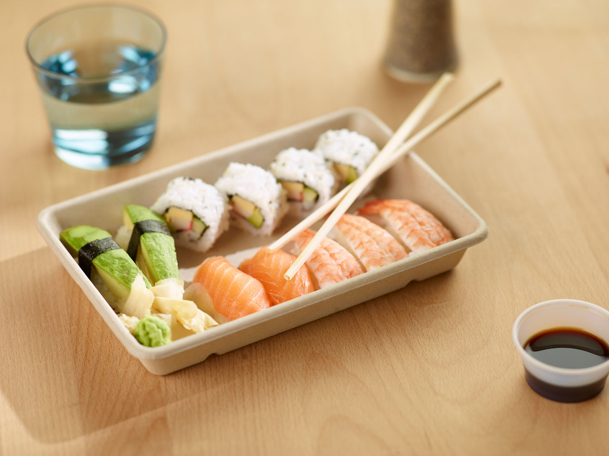 Menübox 850 ml · 230×155×36 mm · Braun · Bagasse